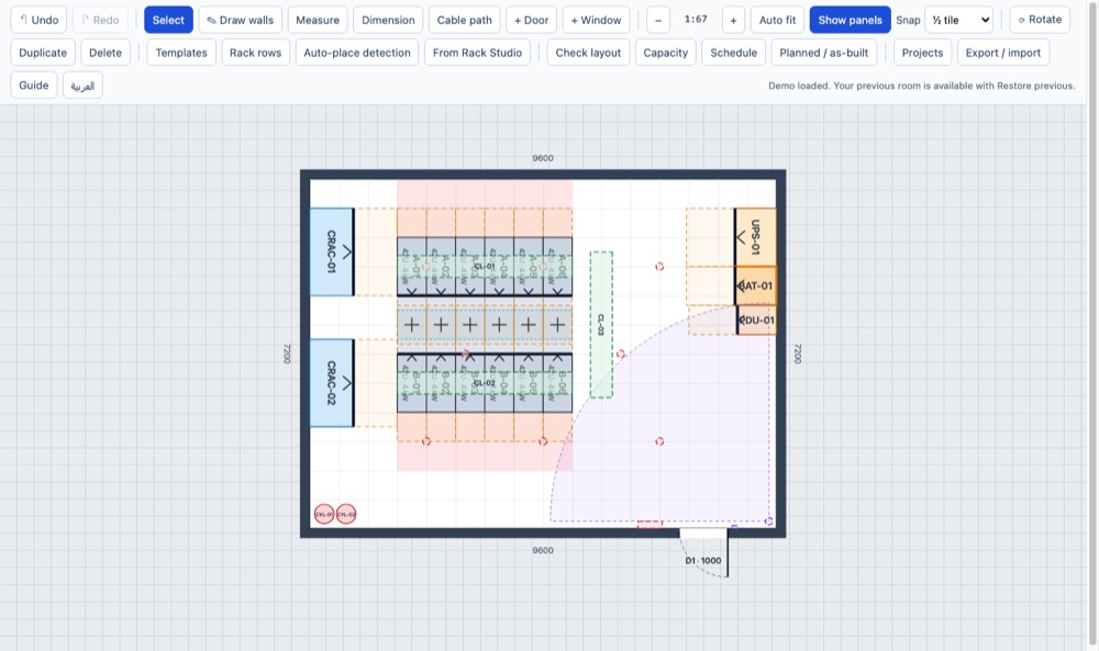 Data Room Layout Planner screenshot with an example project